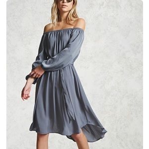 [NWT] dusty blue off shoulder mid-length dress
